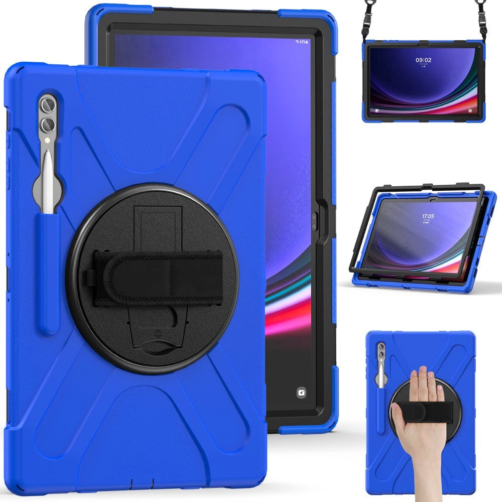 Samsung Galaxy Tab S9 Ultra / S8 Ultra Drop Proof Case w. Hand Holder, Kickstand, Pencil Holder & Shoulder Strap - Blue / Black