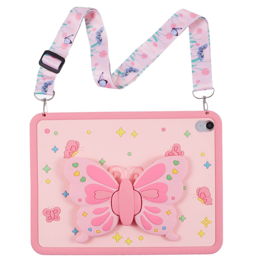 iPad 10.9" (2022) Kids Case - Butterfly Kickstand Silicone Case w. Shoulder Strap - Pink