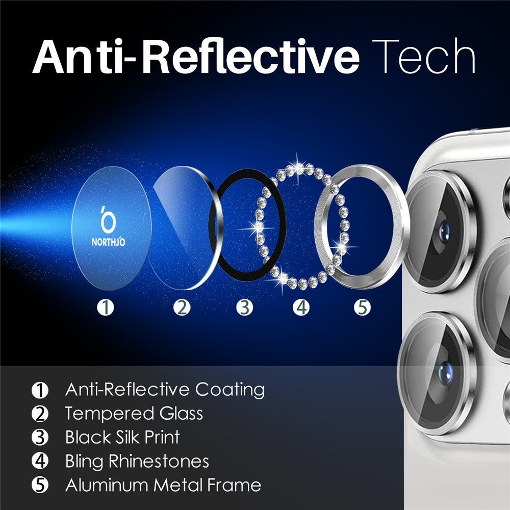 NORTHJO iPhone 16 Pro / 16 Pro Max Camera Lens Protector - Decorative Stones - Silver