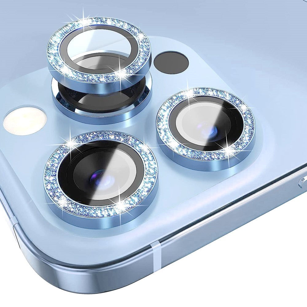 iPhone 13 Pro / 13 Pro Max Camera Glass Protection w. Rhinestone - Blue