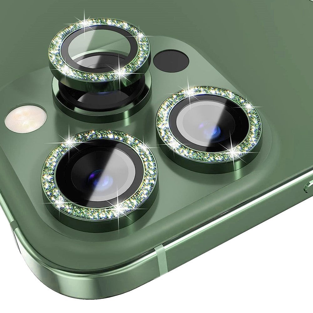 iPhone 13 Pro / 13 Pro Max Camera Glass Protection w. Rhinestone - Green