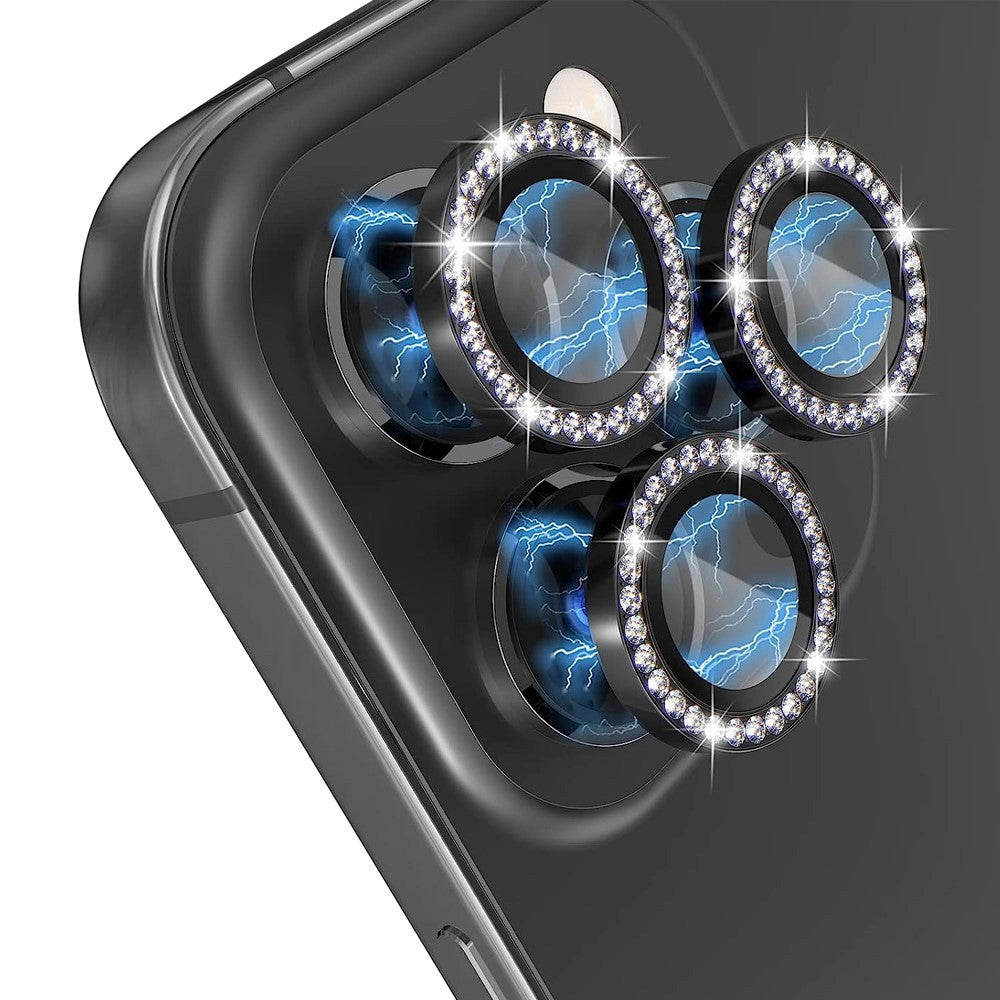 iPhone 14 Pro / 14 Pro Max Camera Glass Protection w. Rhinestone - Black