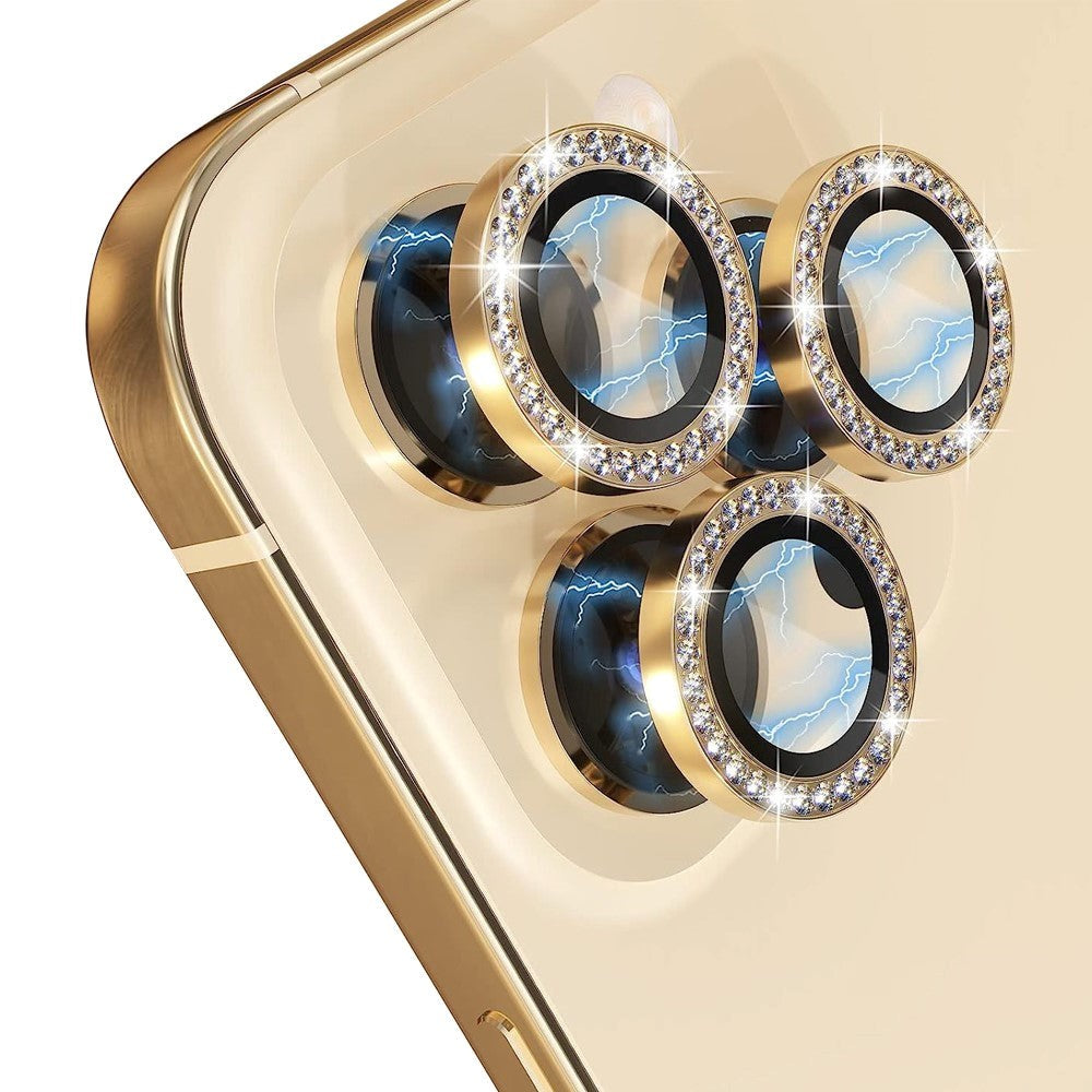 iPhone 14 Pro / 14 Pro Max Camera Glass Protection w. Rhinestone - Gold