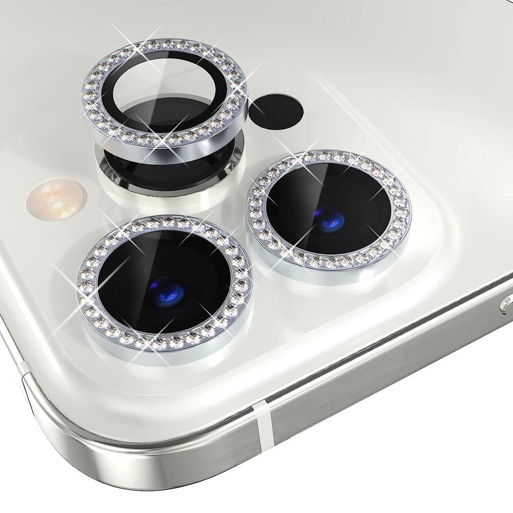 iPhone 14 Pro / 14 Pro Max Camera Glass Protection w. Rhinestone - Silver