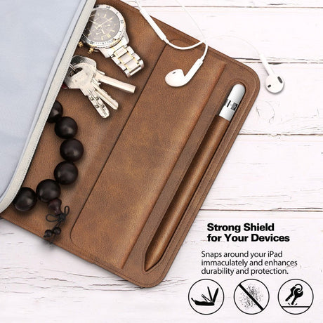 iPad 9.7 / 10.2 / 10.5 / 11" (19cm x 26cm x 7mm) Leather Shockproof Tablet Sleeve - Light Brown