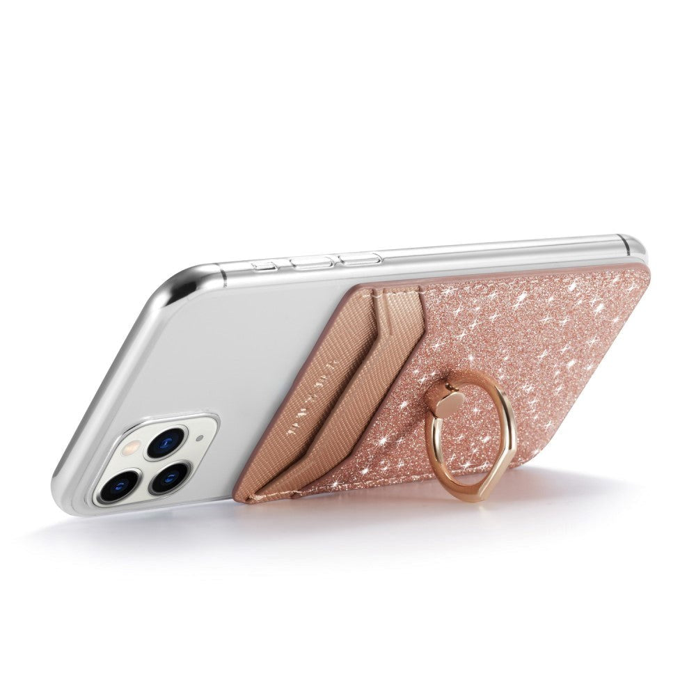 Leather Card Holder Stick-on w. Finger Ring - Glitter - Rose Gold