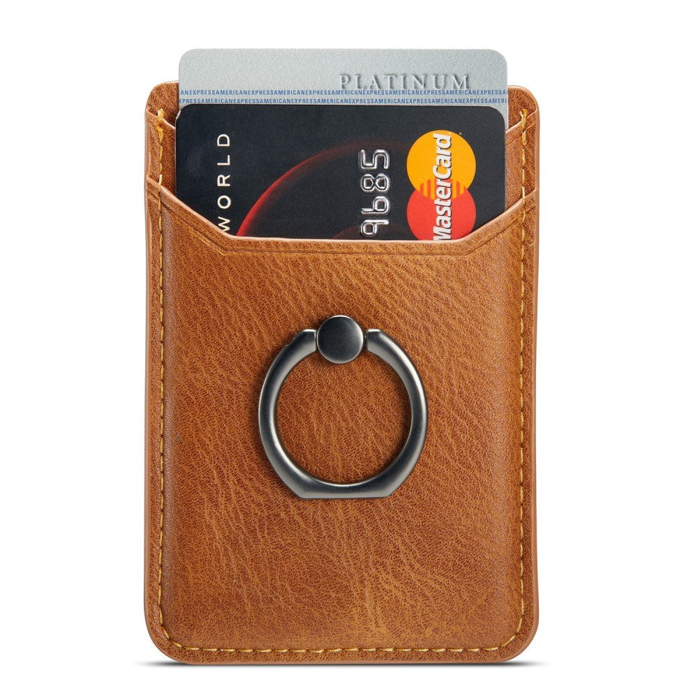 Leather Card Holder Stick-on w. Finger Ring - Brown