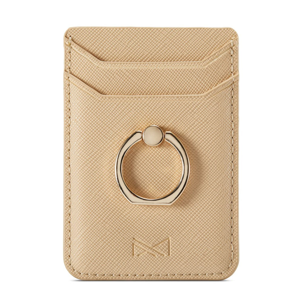 Ribbed Leather Card Holder Stick-on w. Finger Ring - Beige