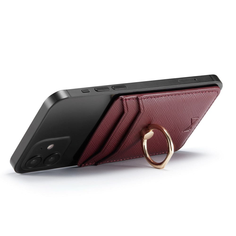 Ribbed Leather Card Holder Stick-on w. Finger Ring - Bordeaux