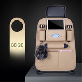 Leather Back Seat Organizer w. Storage for Umbrella, Drink Bottles & Tablet - Beige