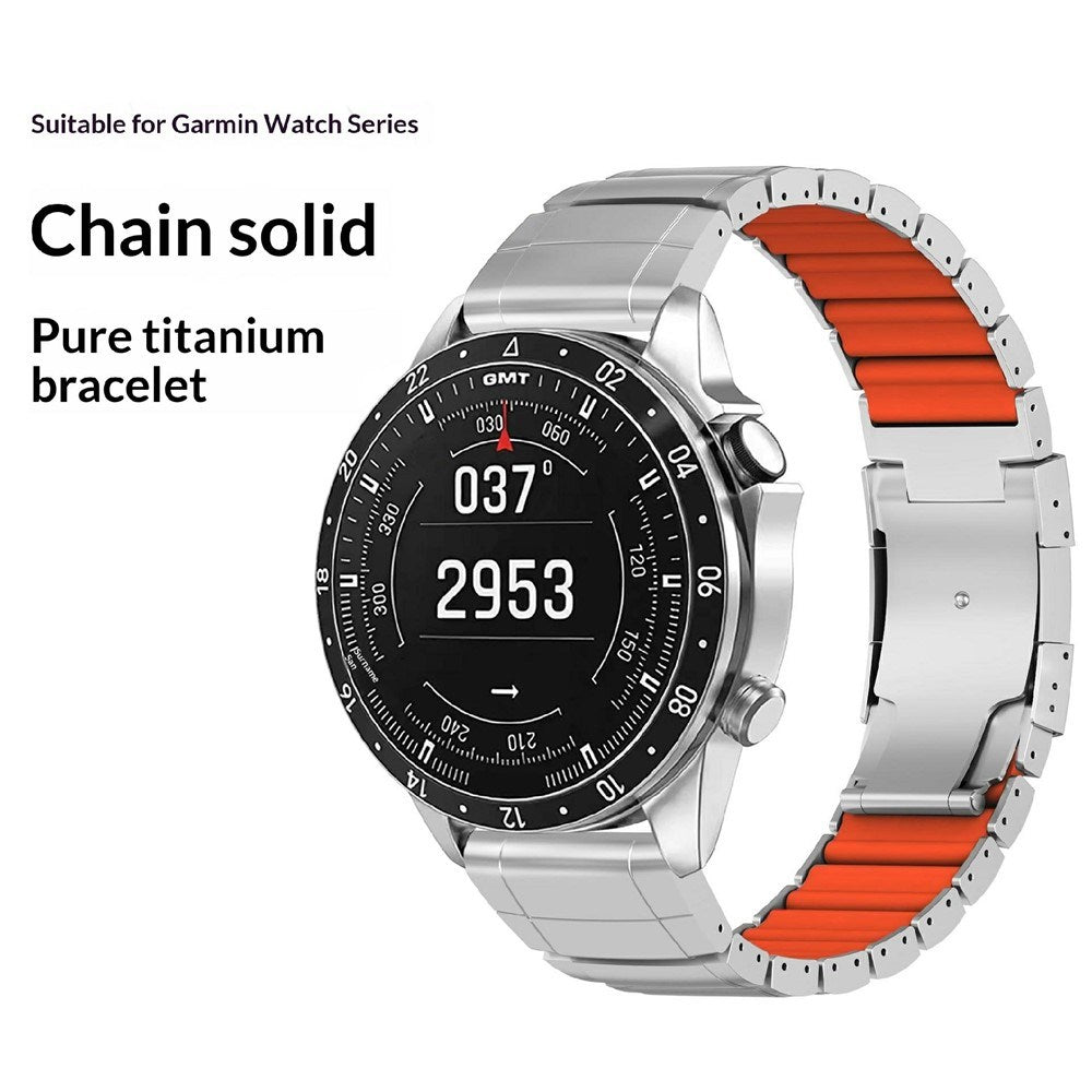 Universal Garmin 26mm QuickFit EIDERWOOD Titanium Strap w. Colored Silicone - Silver / Orange