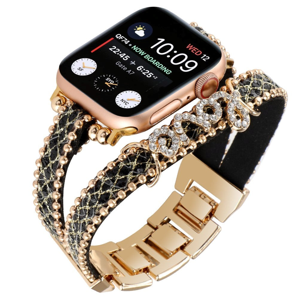 Apple Watch (38/40/SE/41/42mm) Metal and Leather Strap w. Rhinestones - Gold / Black