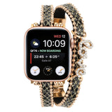 Apple Watch (38/40/SE/41/42mm) Metal and Leather Strap w. Rhinestones - Gold / Black