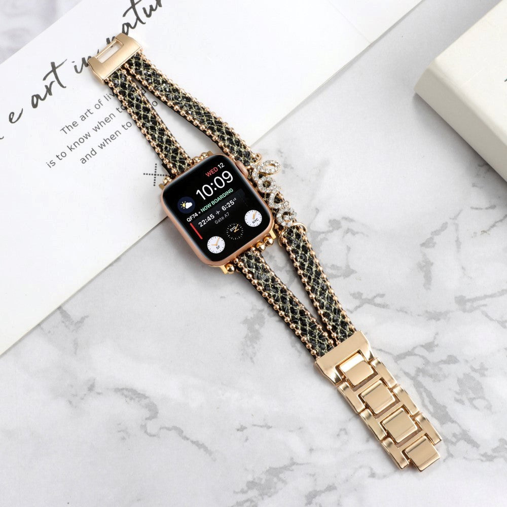 Apple Watch (38/40/SE/41/42mm) Metal and Leather Strap w. Rhinestones - Gold / Black