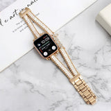 Apple Watch (38/40/SE/41/42mm) Metal and Leather Strap w. Rhinestones - Gold / White