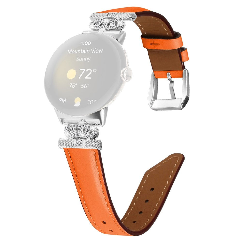 Google Pixel Watch 1 / 2 / 3 (41mm) Leather Strap w. Silver Rhinestone Buckle - Orange