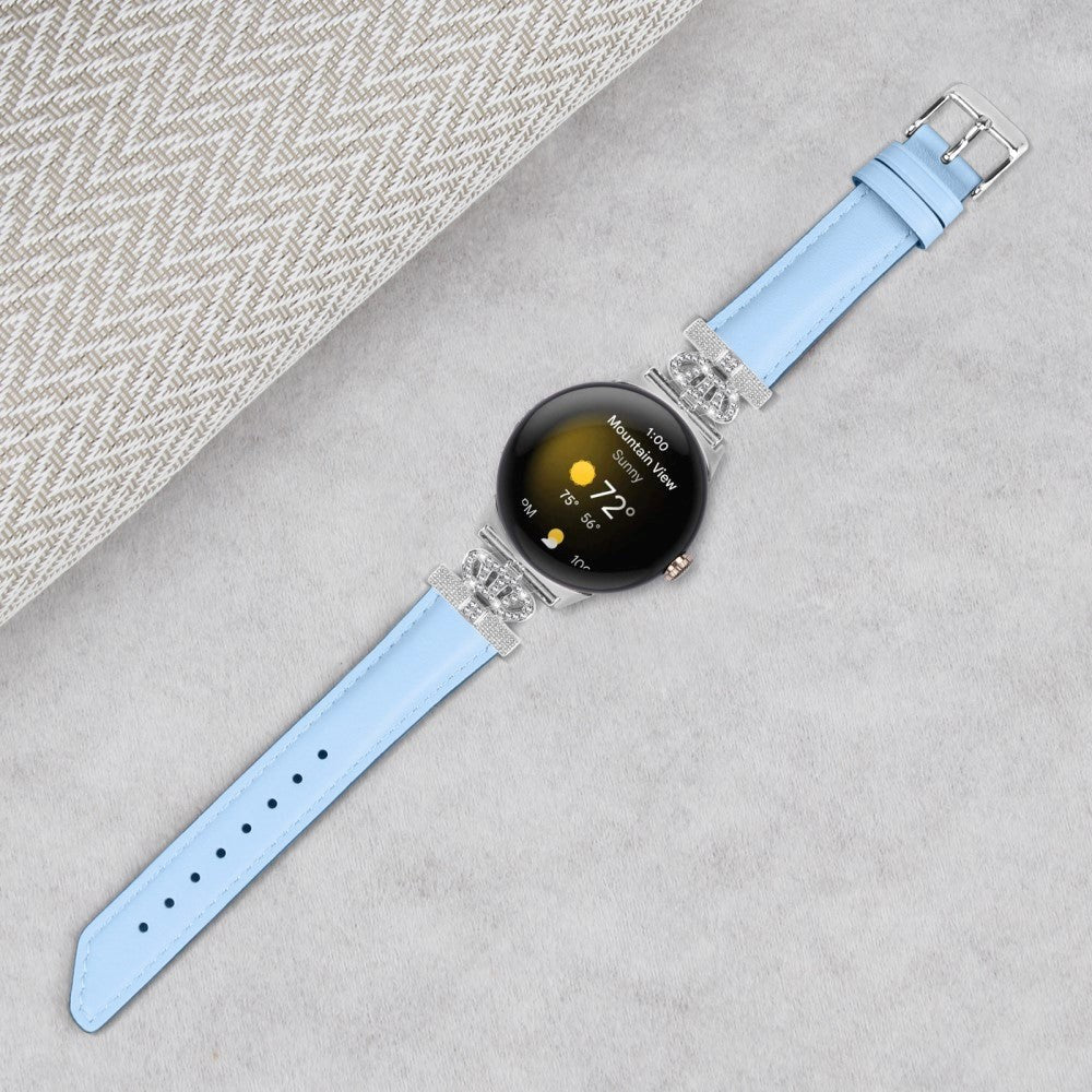 Google Pixel Watch 1 / 2 / 3 Leather Strap w. Silver Rhinestone Buckle - Blue