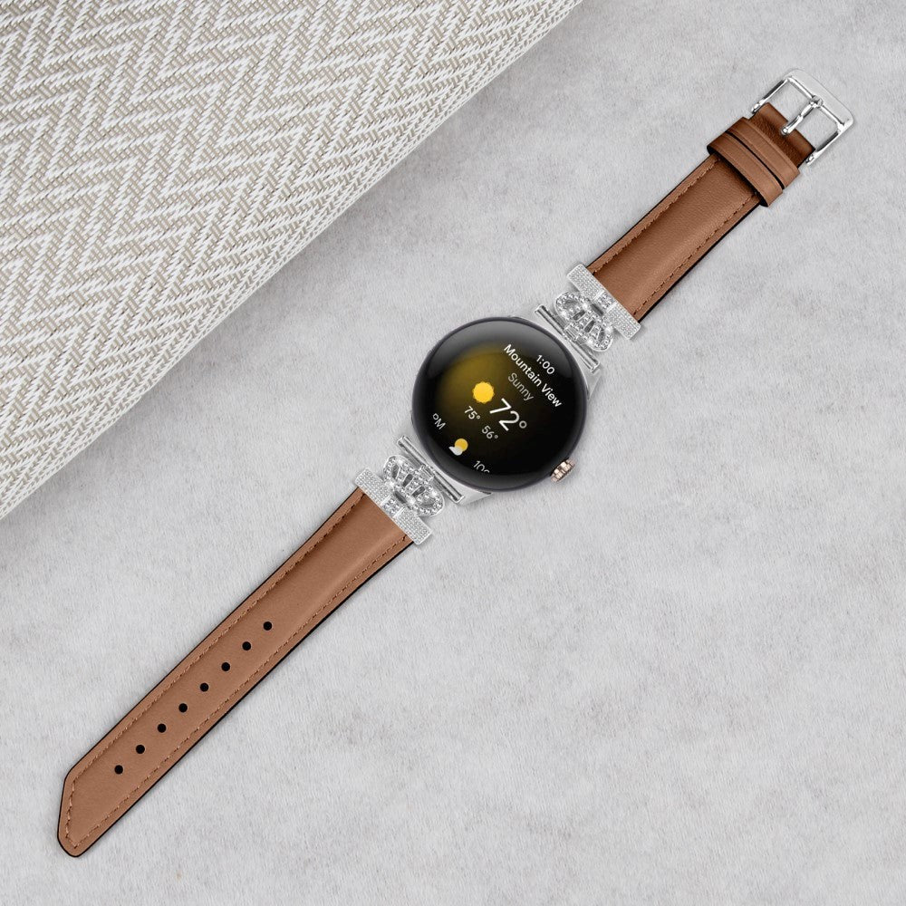 Google Pixel Watch 1 / 2 / 3 Leather Strap w. Silver Rhinestone Buckle - Brown