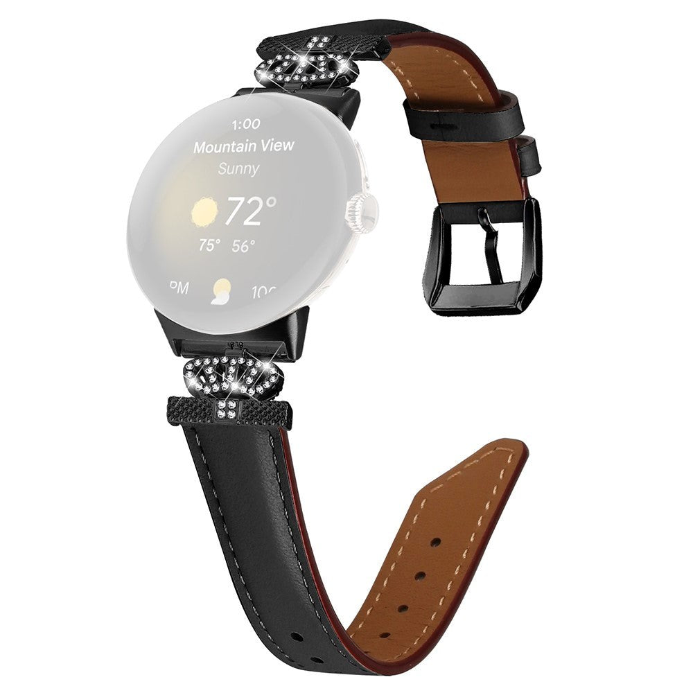 Google Pixel Watch 1 / 2 / 3 Leather Strap w. Black Rhinestone Buckle - Black