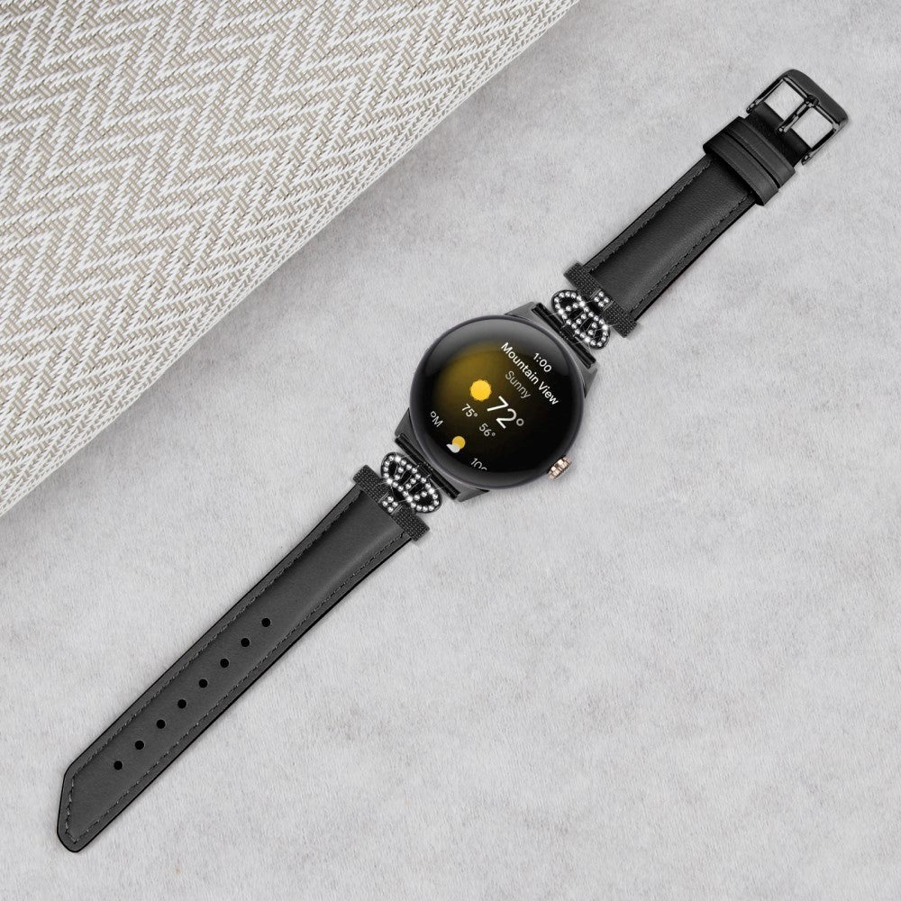 Google Pixel Watch 1 / 2 / 3 Leather Strap w. Black Rhinestone Buckle - Black