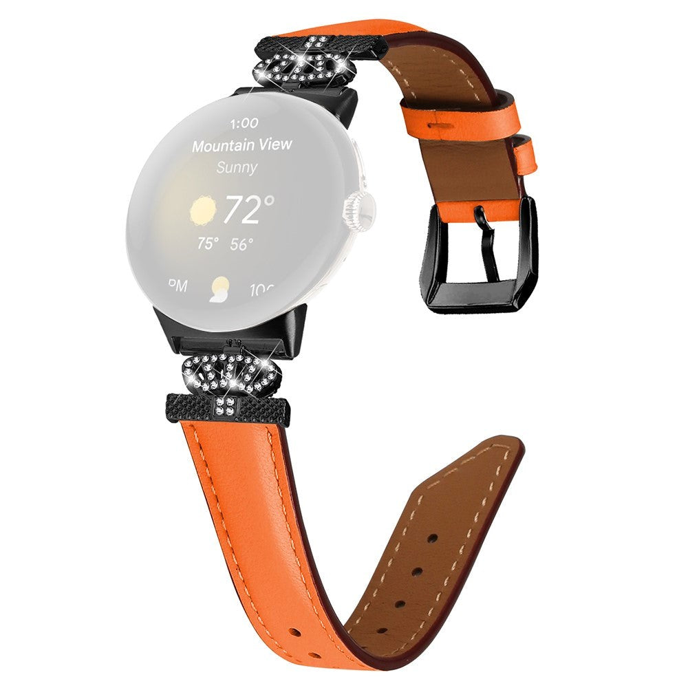 Google Pixel Watch 1 / 2 / 3 (41mm) Leather Strap w. Black Rhinestone Buckle - Orange