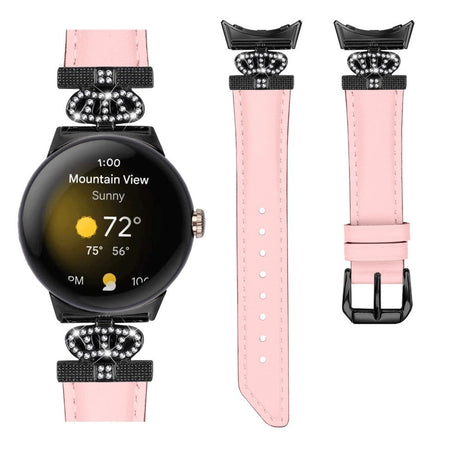 Google Pixel Watch 1 / 2 / 3 Leather Strap w. Black Rhinestone Buckle - Pink