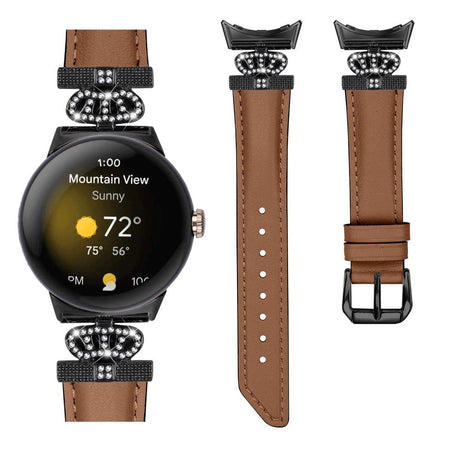 Google Pixel Watch 1 / 2 / 3 Leather Strap w. Black Rhinestone Buckle - Brown