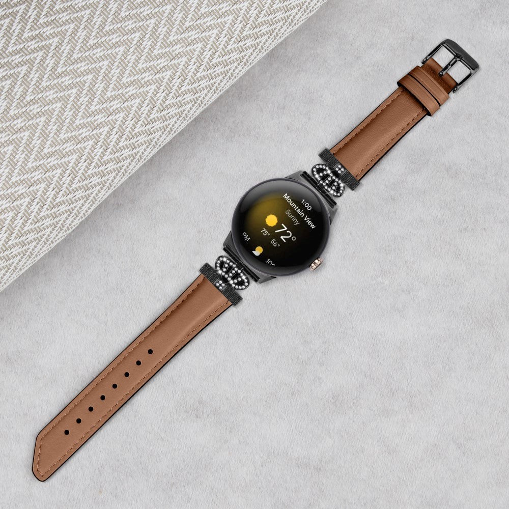 Google Pixel Watch 1 / 2 / 3 Leather Strap w. Black Rhinestone Buckle - Brown