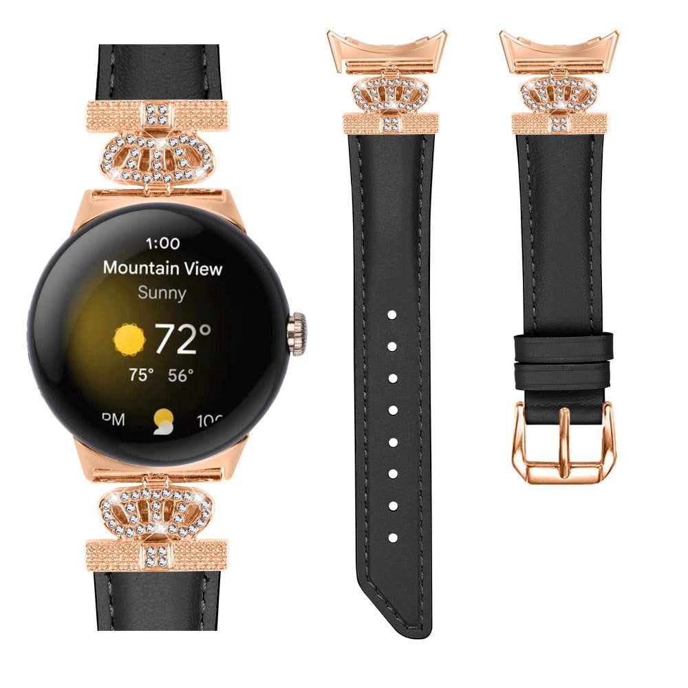 Google Pixel Watch 1 / 2 / 3 Leather Strap w. Rose Gold Rhinestone Buckle - Black