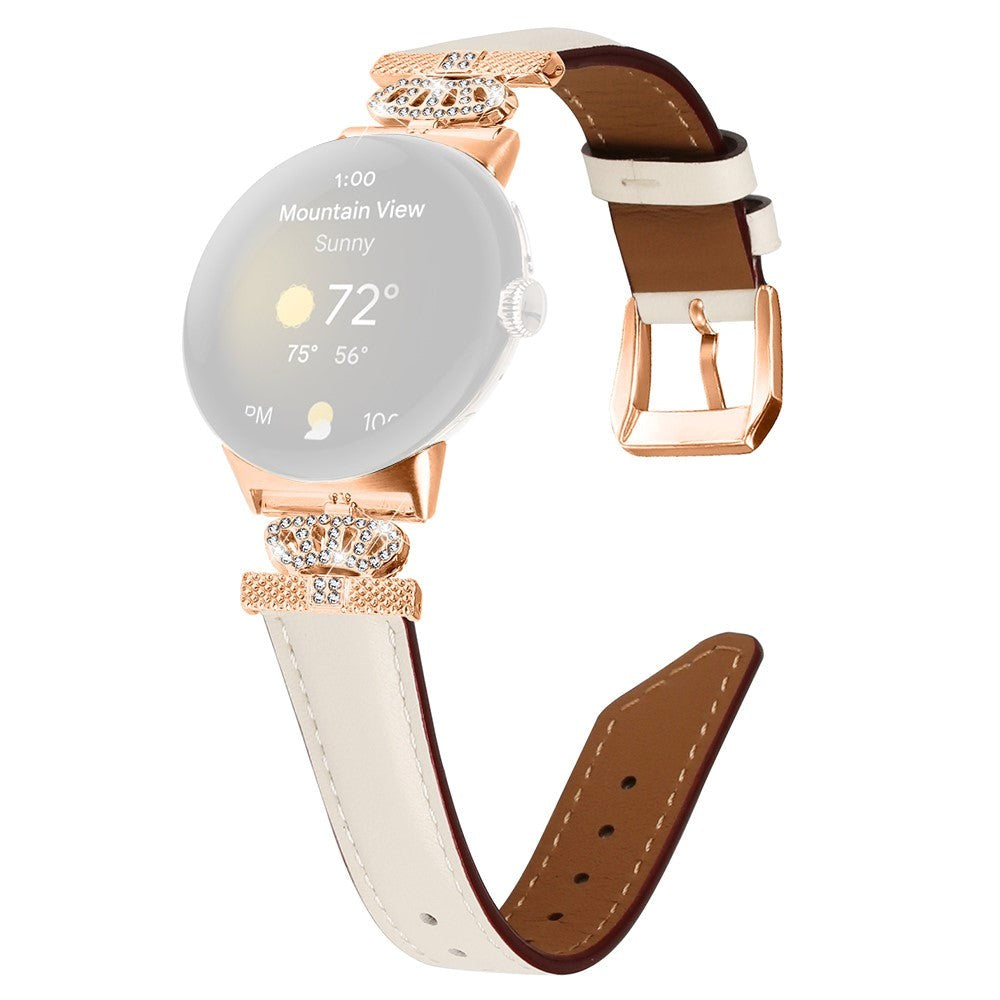 Google Pixel Watch 1 / 2 / 3 Leather Strap w. Rose Gold Rhinestone Buckle - Beige