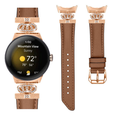 Google Pixel Watch 1 / 2 / 3 Leather Strap w. Rose Gold Rhinestone Buckle - Brown