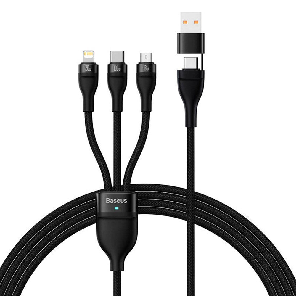 Baseus Flash Series 2 - 3-in-1 100W USB Multi Cable w. USB-C, Lightning & Micro-USB - 1.2 Meter - Black