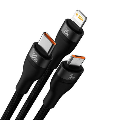 Baseus Flash Series 2 - 3-in-1 100W USB Multi Cable w. USB-C, Lightning & Micro-USB - 1.2 Meter - Black