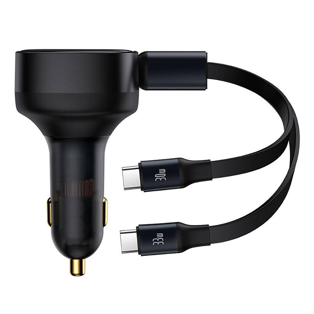 Baseus 33W Car Charger with 2 x Extendable USB-C Cable - Black