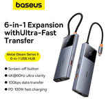 Baseus USB-C 6-in-1 Multiport Adapter with 2 x USB-C 2 x USB-A 1 x HDMI 1 x RJ45 - Gray