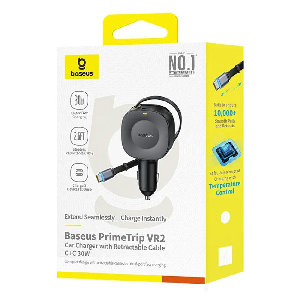 Baseus PrimeTrip VR2 30W Car Charger with Built-in USB-C Cable & USB-C Plug - Black
