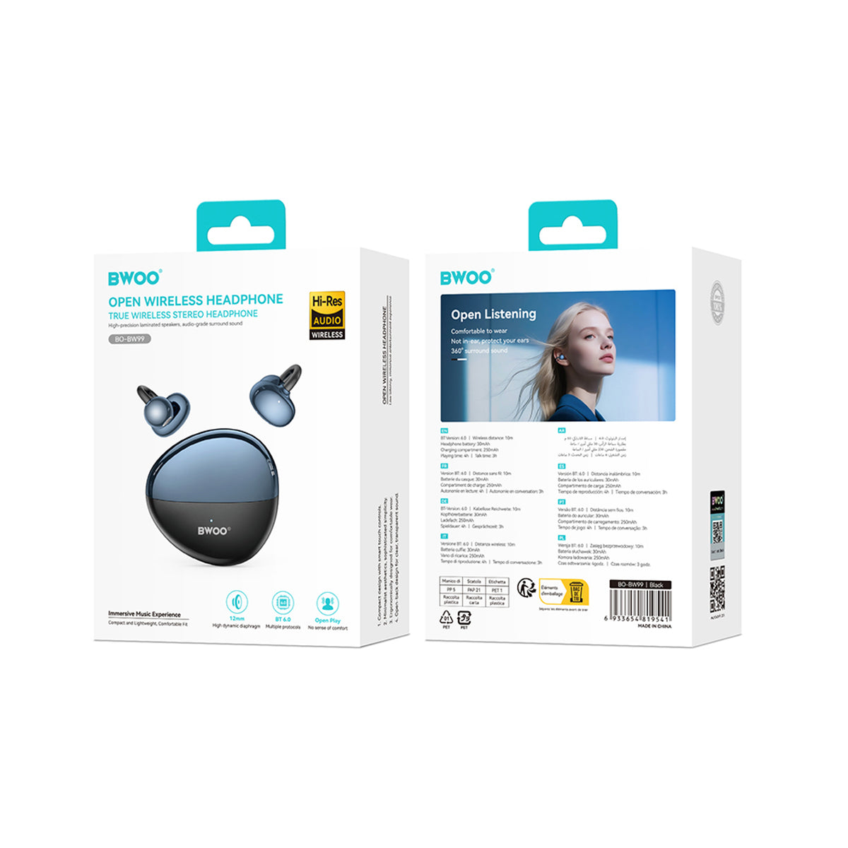 BWOO True Wireless Earphones - Open-Ear - Black