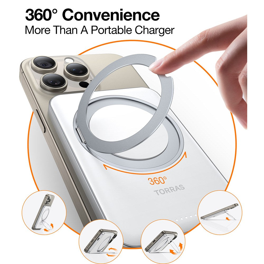 TORRAS Magnetic 15W Power Bank 5,000mAh with Kickstand - White