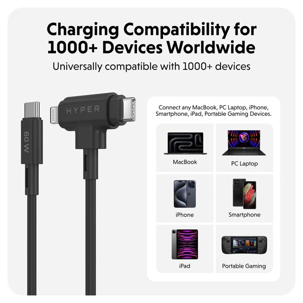 Hyper HyperJuice 60W 2-in-1 Hybrid Silicone USB-C to USB-C & Lightning Cable - 1.5m - Black