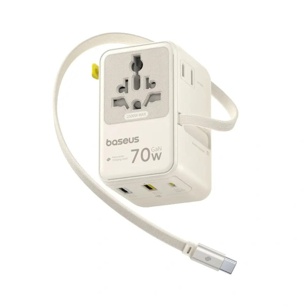 Baseus EnerCore 70W 6-in-1 Travel Adapter with Retractable USB-C Cable - White