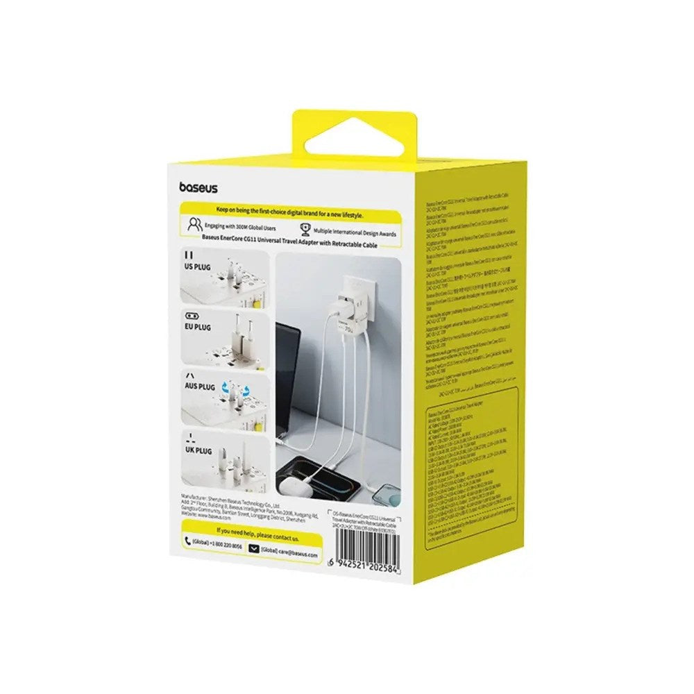 Baseus EnerCore 70W 6-in-1 Travel Adapter with Retractable USB-C Cable - White