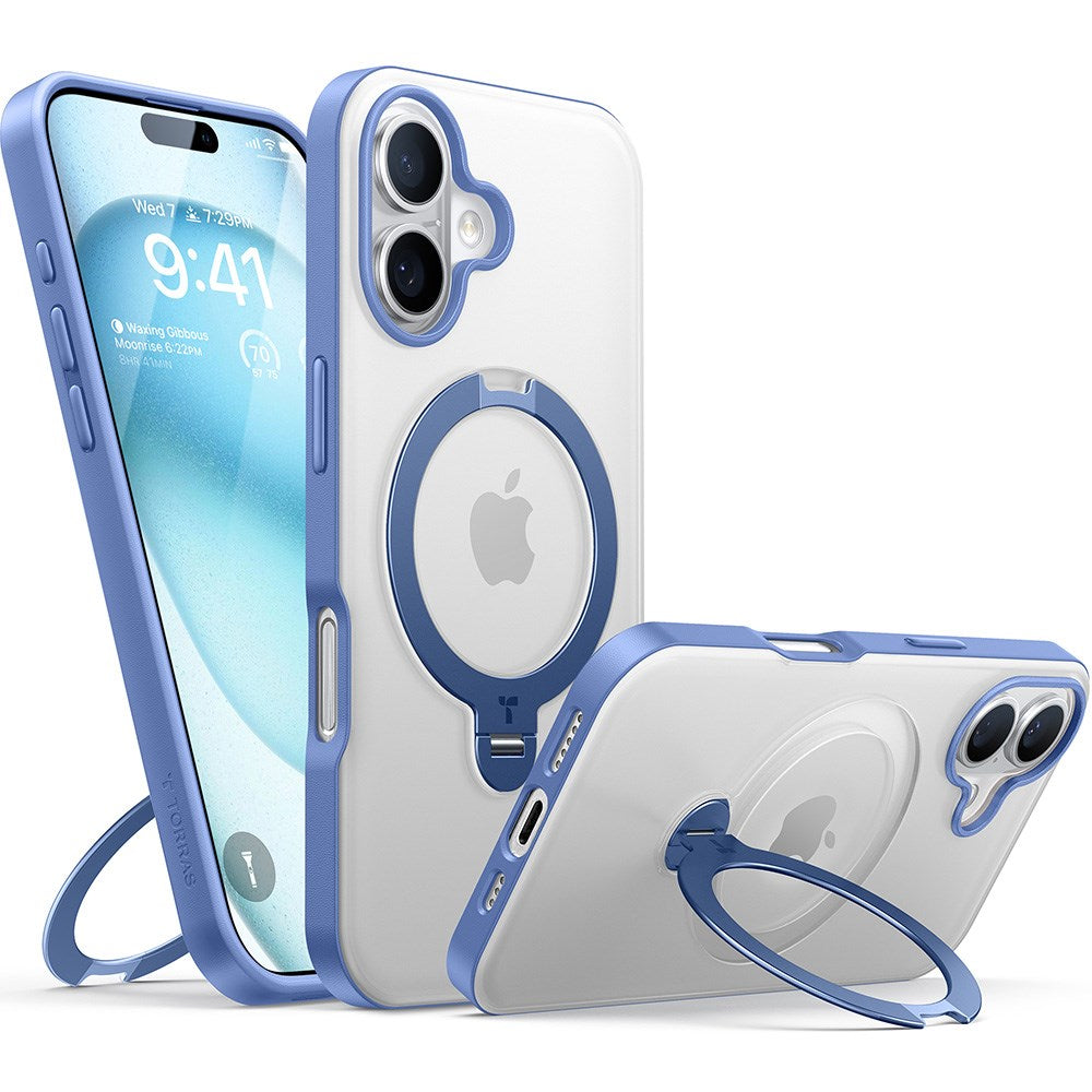 TORRAS iPhone 16 Hybrid Plastic Case with Stand Function - MagSafe Compatible - Blue