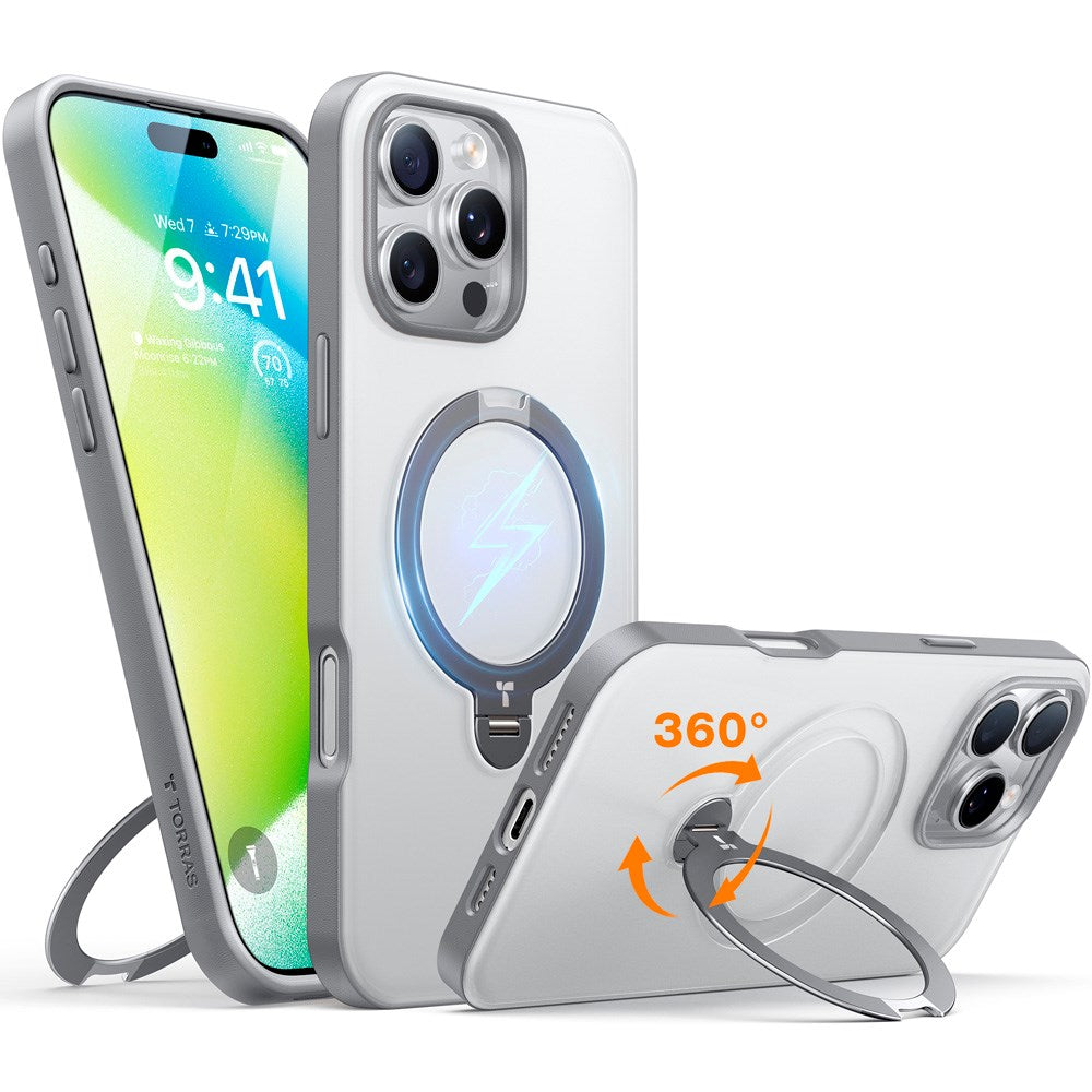 TORRAS iPhone 16 Pro Max Hybrid Plastic Case with Stand Function - MagSafe Compatible - Grey
