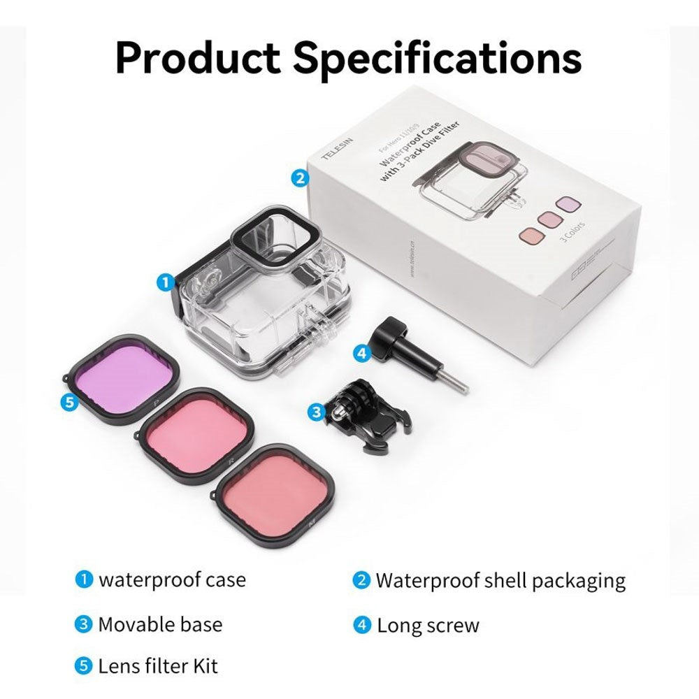 TELESIN Waterproof Case for GoPro Hero 9 / 10 / 11 / 12 / 13 - incl. 3 x Colored Lenses - Transparent / Black
