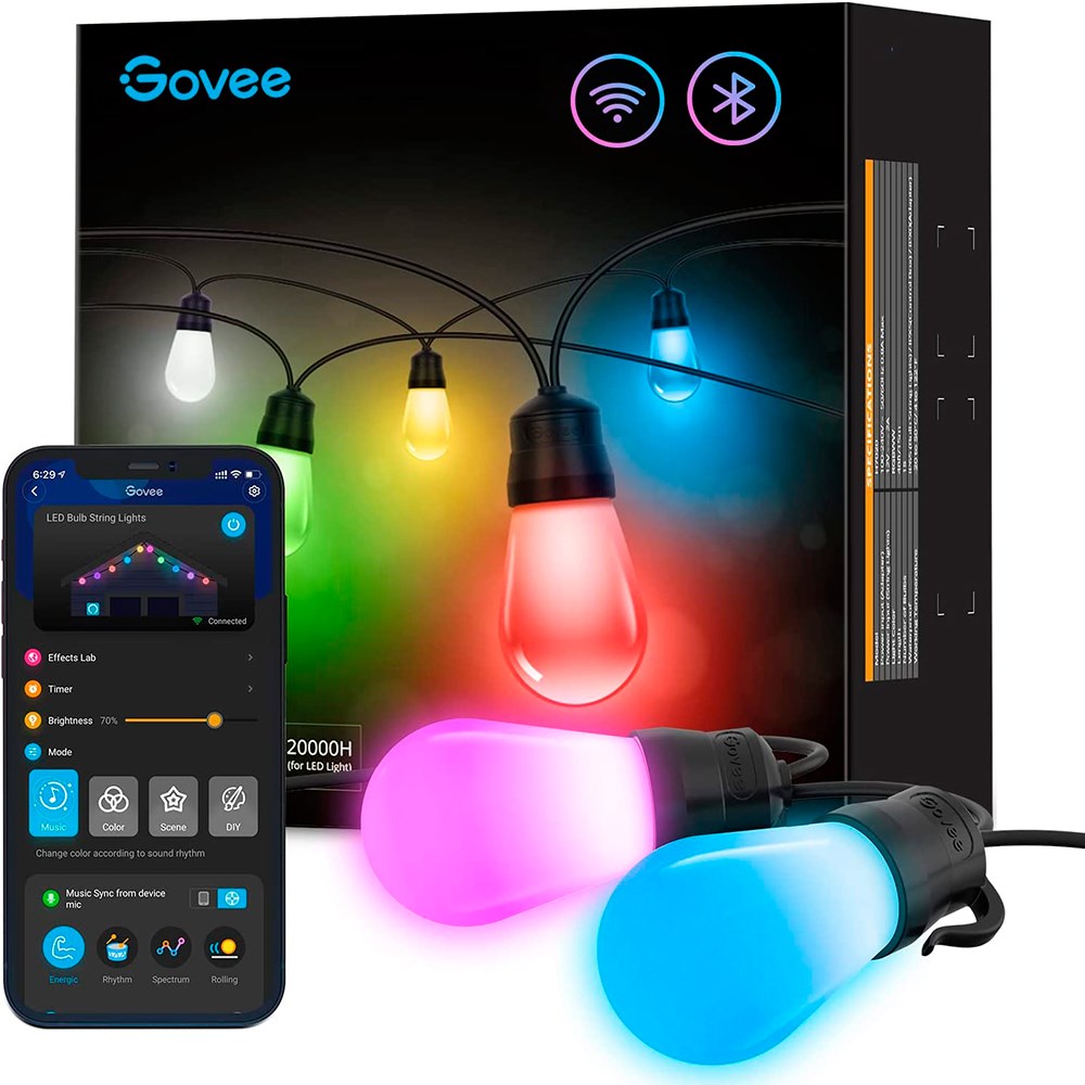 Govee RGBW Bluetooth & Wi-Fi Outdoor String Lights 14m - Black