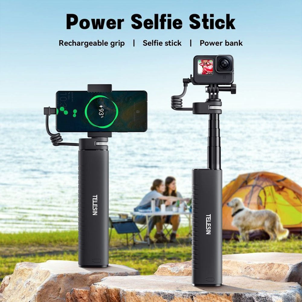 TELESIN Telescopic Selfie Stick with Built-in Powerbank - Black