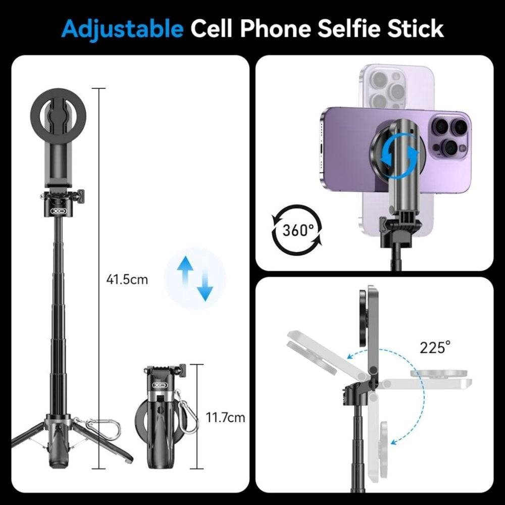 XO SS22 Multifunctional Selfie Stick with Built-in Tripod & Button Shutter - MagSafe Compatible - Black