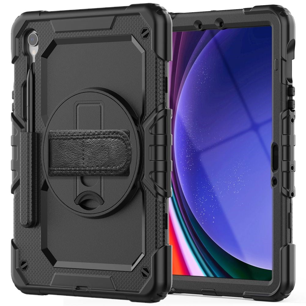 Samsung Galaxy Tab S9 Tech-Protect Solid360 Tough Case w. Protective Film, Hand Holder & Shoulder Strap - Black