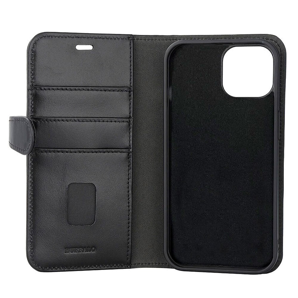 iPhone 15 GEAR Buffalo 2-in-1 Wallet Genuine Leather Magnet Flip Case with Wallet - Black