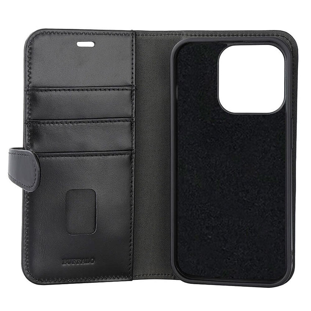 iPhone 15 Pro GEAR Buffalo 2-in-1 Wallet Genuine Leather Magnet Flip Case with Wallet - Black